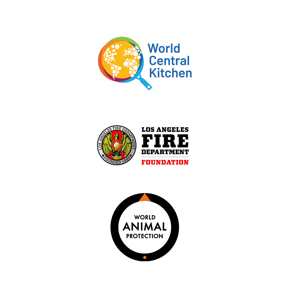 Logos of three organizations: World Central Kitchen with a colorful pan graphic, Los Angeles Fire Department Foundation with an emblem and bold text, and World Animal Protection with a circular design.