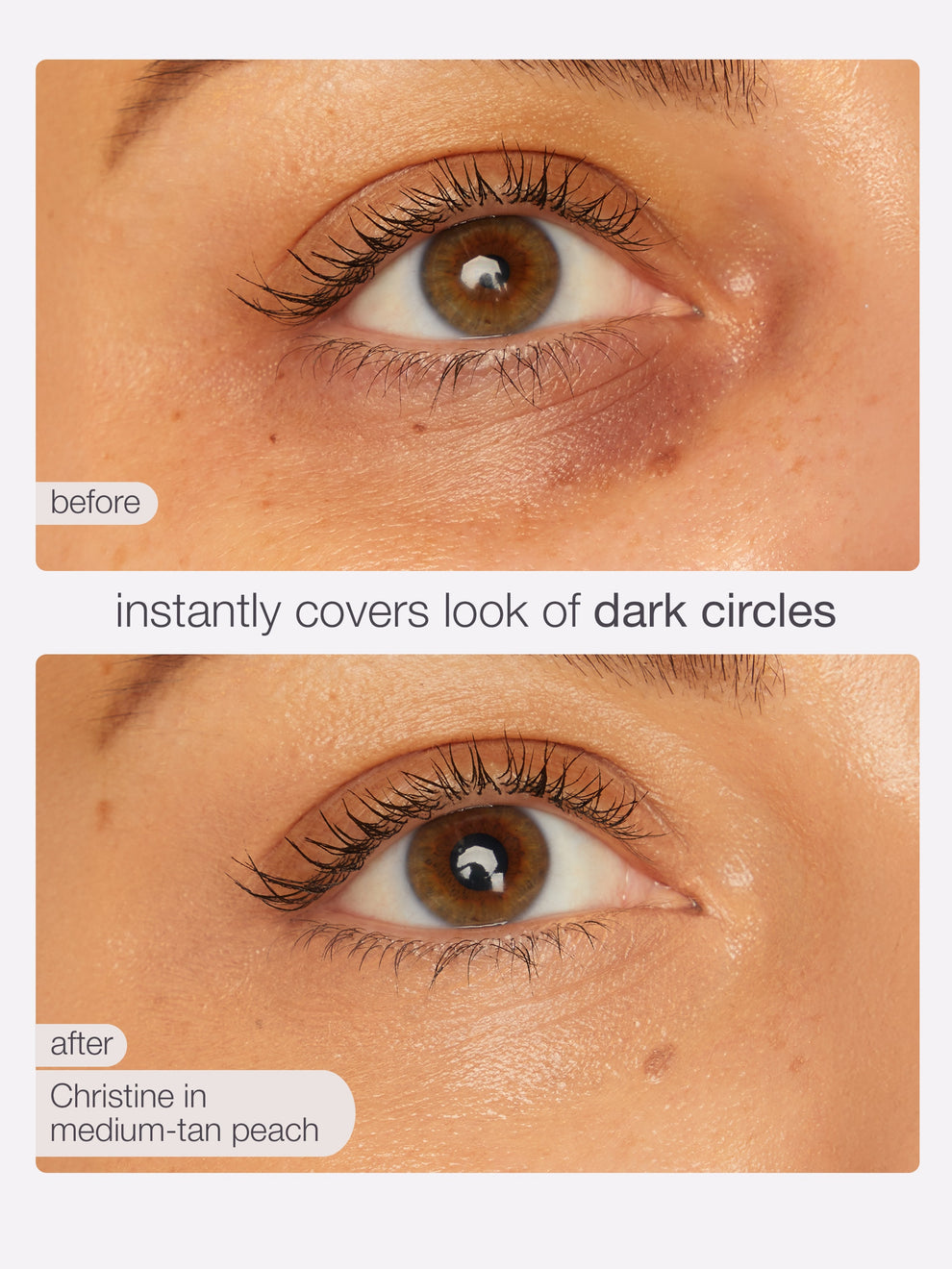 Before and after comparison of eye makeup application on a person's eye, with text indicating product color and effect.