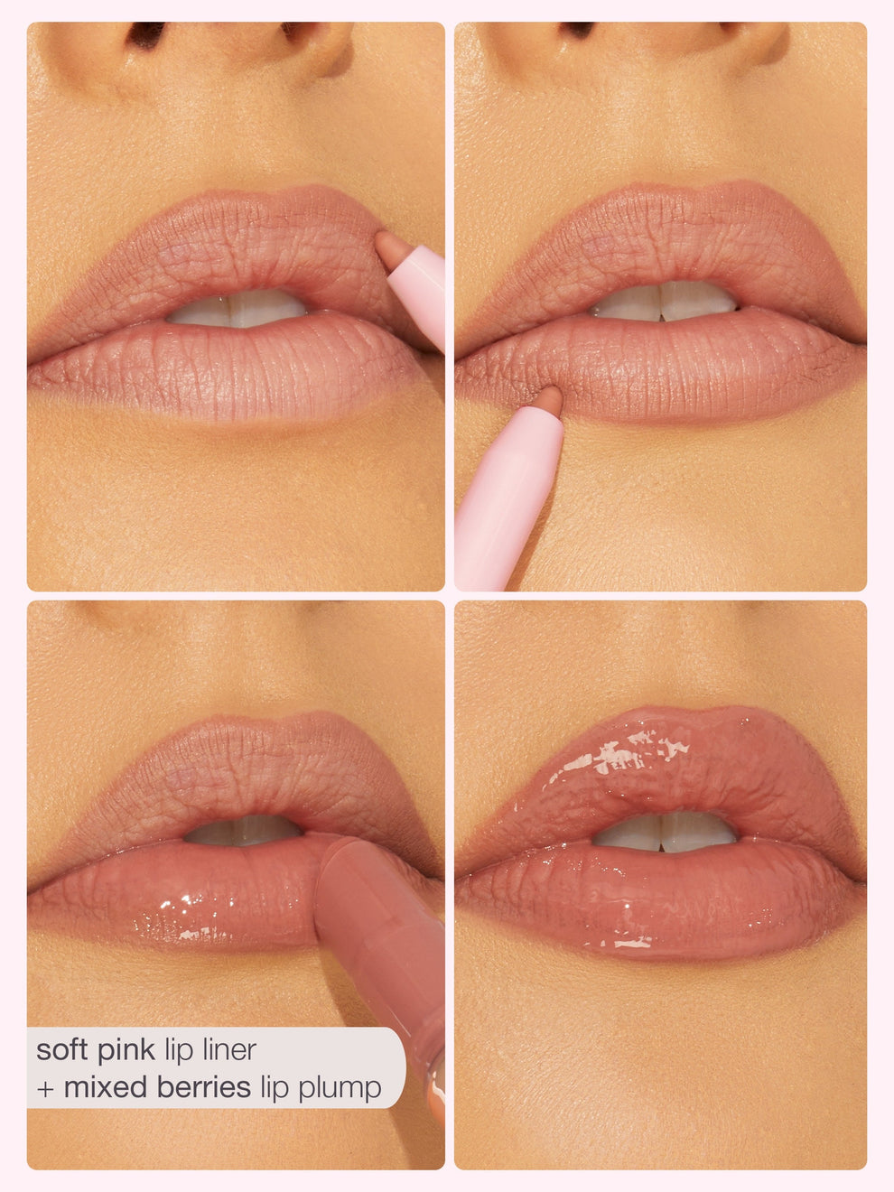 Collage of lips with soft pink lip liner and mixed berries lip plump on a beige background.