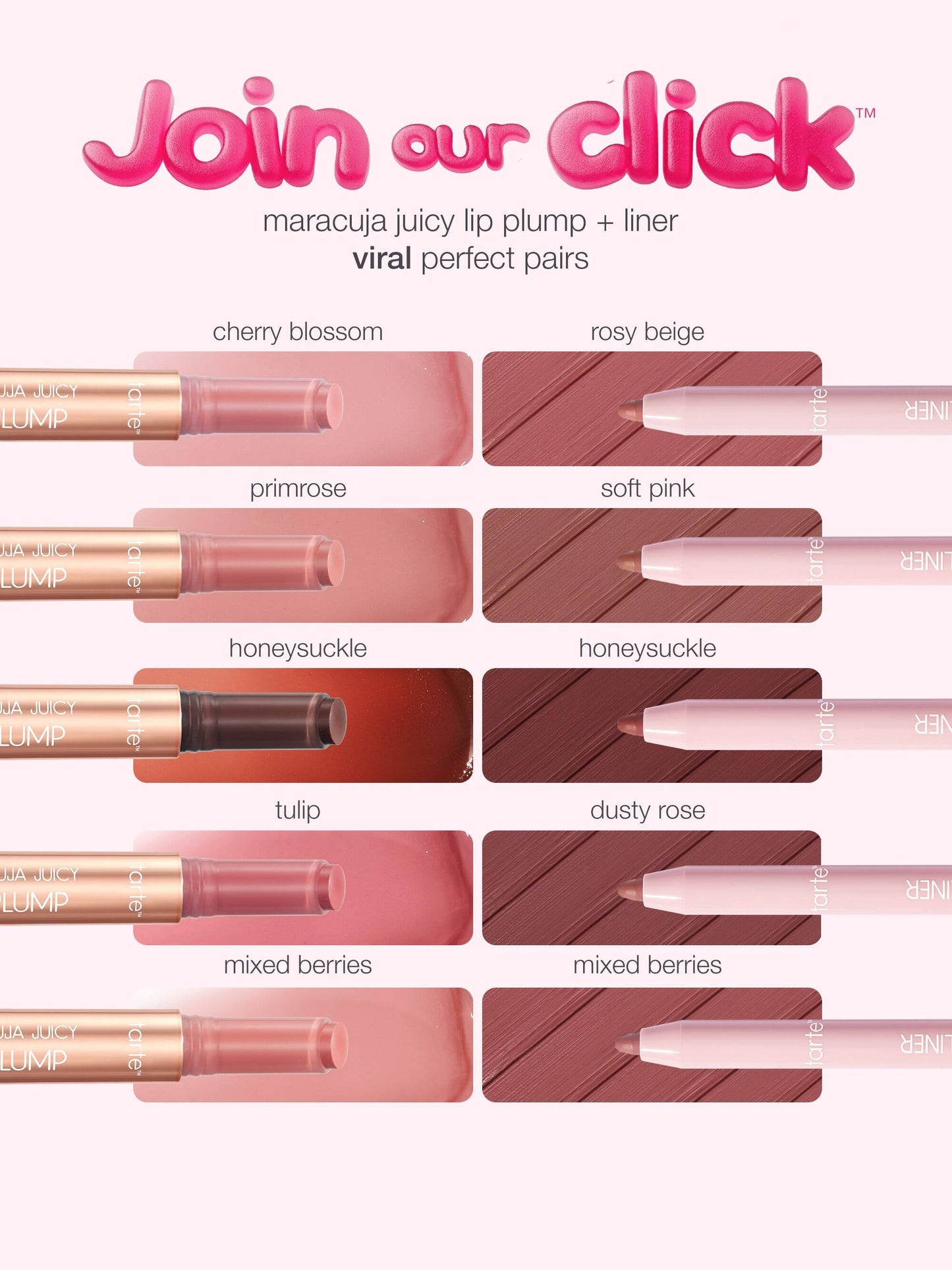 Lip product display with various shades of lip plump and liner, featuring 'Join our click' text.