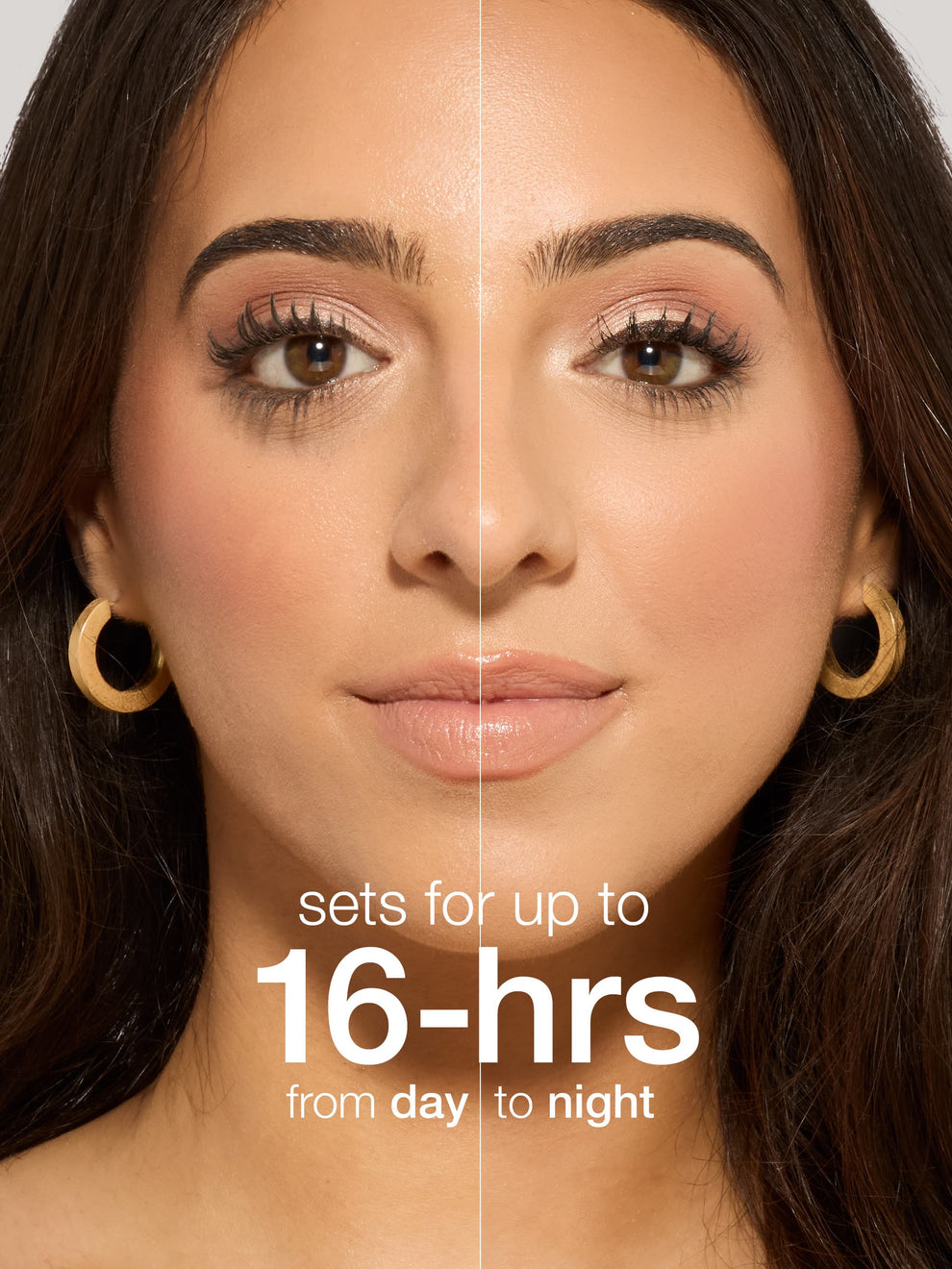 Woman's face with makeup on one side and bare skin on the other, showing a product's duration of wear.
