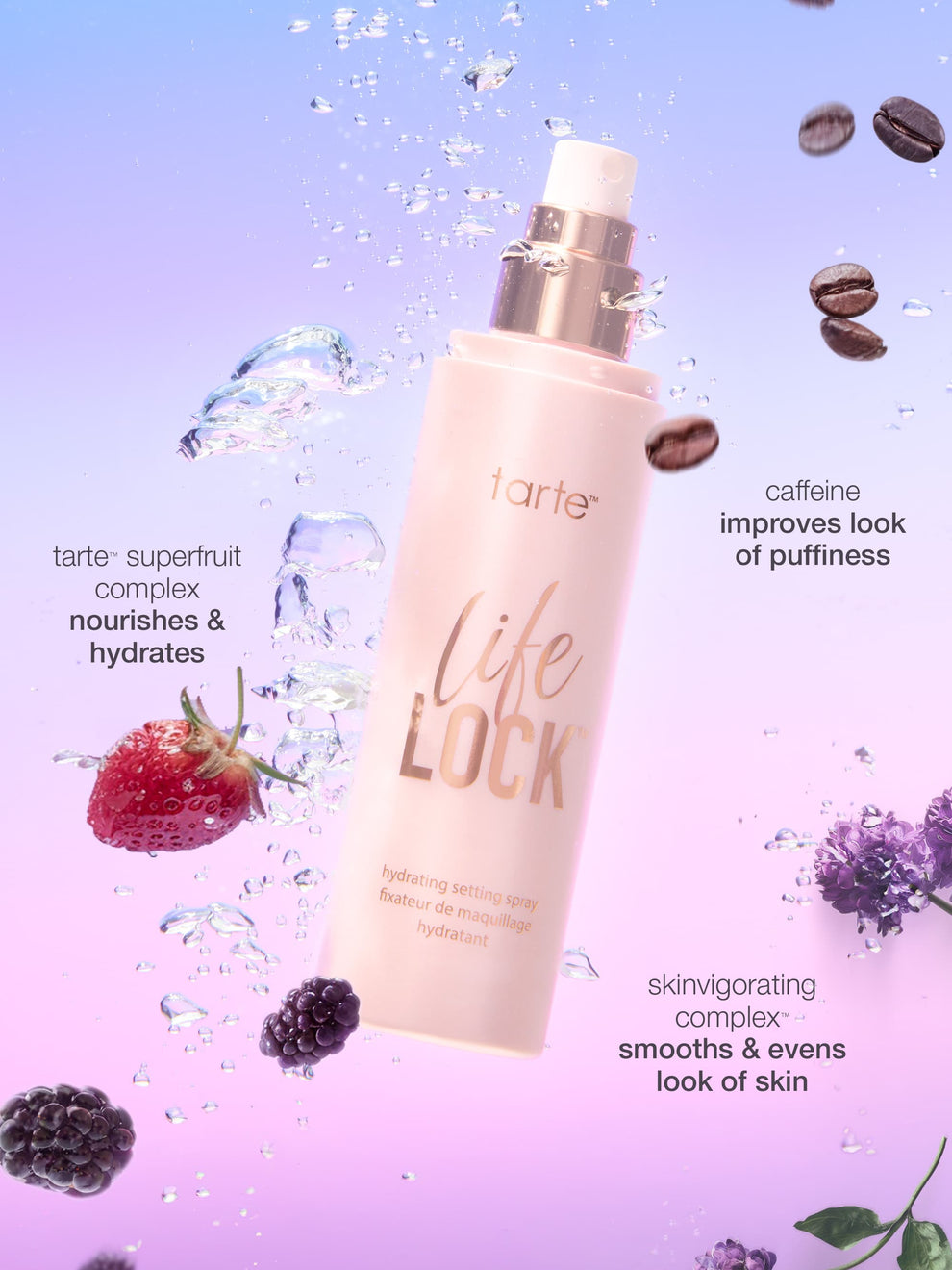 A bottle of Tarte Cosmetics Life Lock hydrating setting spray appears among floating water droplets, strawberries, blackberries, and coffee beans. Text: tarte superfruit complex nourishes & hydrates, caffeine improves look of puffiness, skinvigorating complex smooths & evens look of skin.