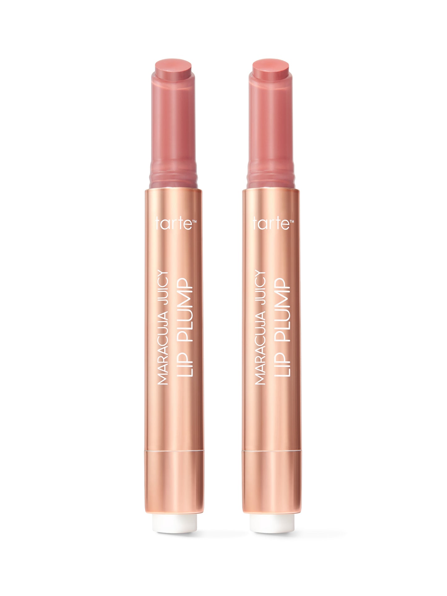 Two lip plumpers with rose gold packaging on a white background