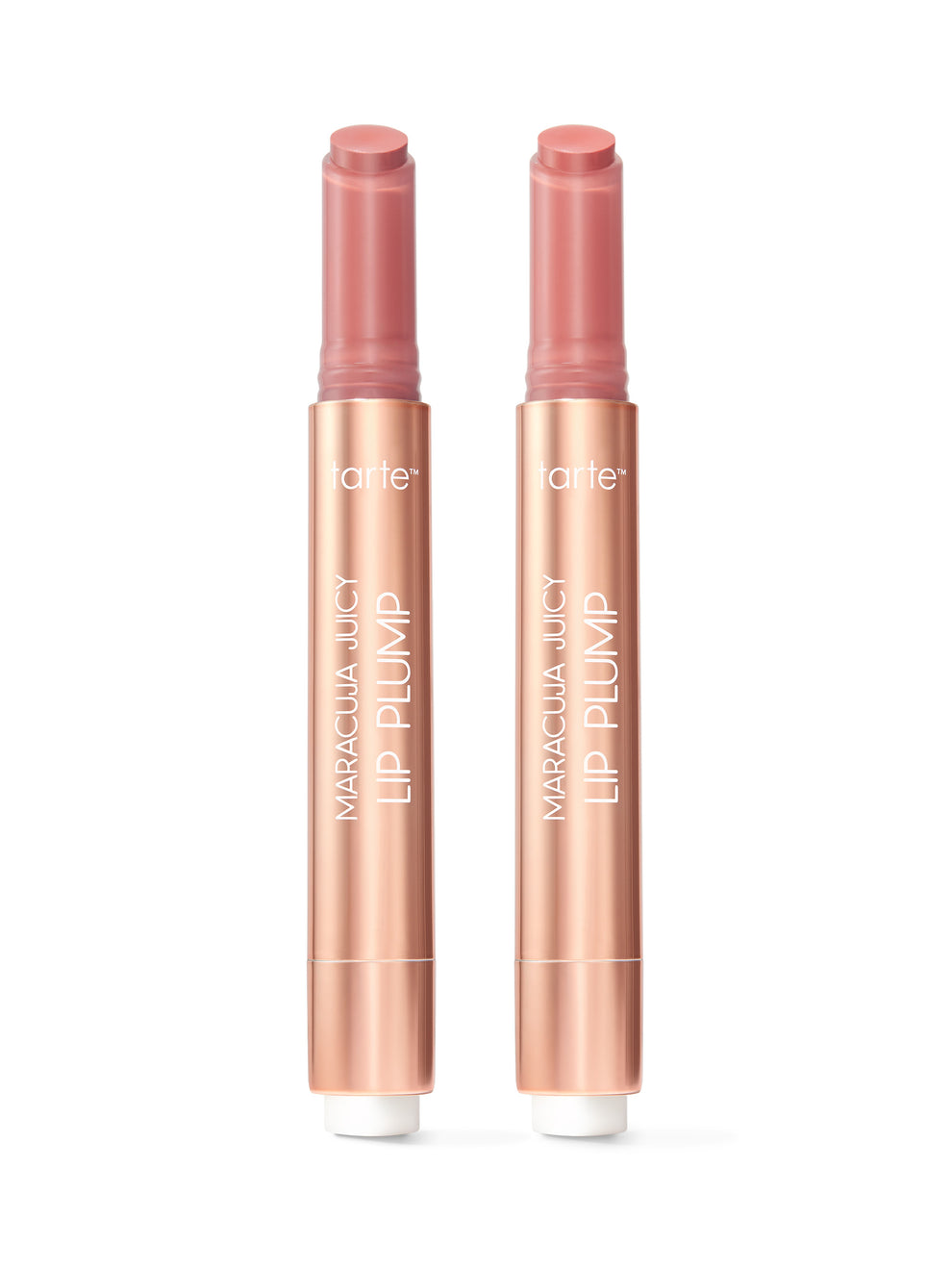 Two lip plumpers with rose gold packaging on a white background