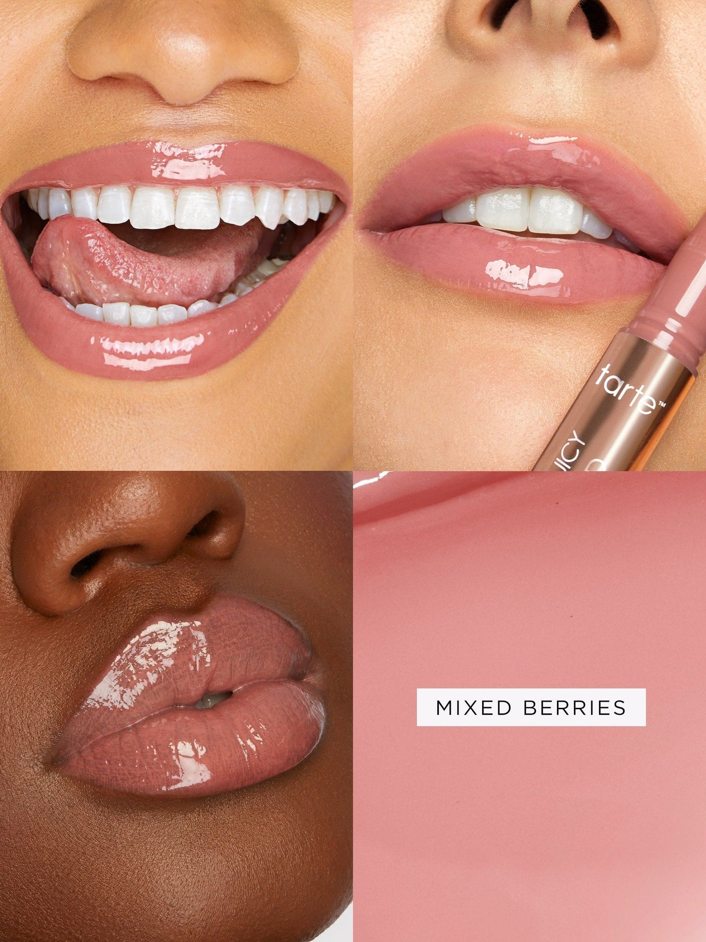 Lipstick application on lips with 'Mixed Berries' shade and Huda Beauty branding.