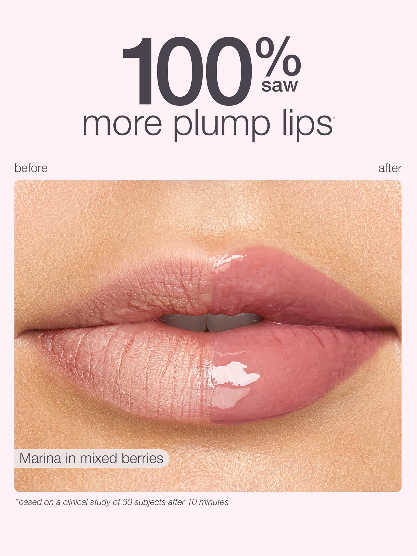 Lip product advertisement showing before and after effects with '100% more plump lips' text.