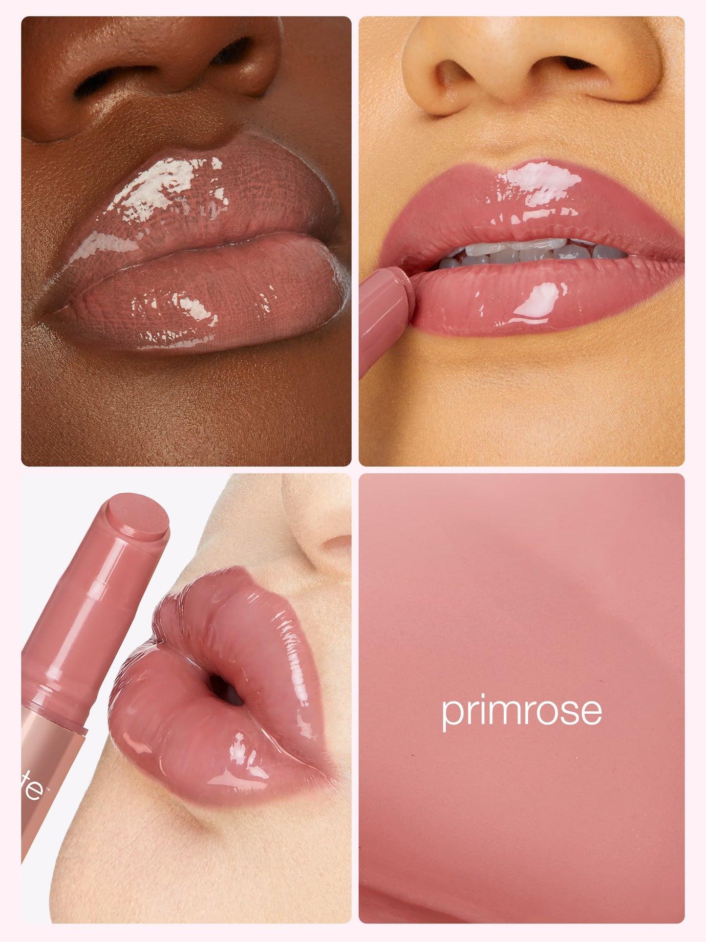 Collage of a pink lip gloss on lips with close-up, color swatch, and lipstick.