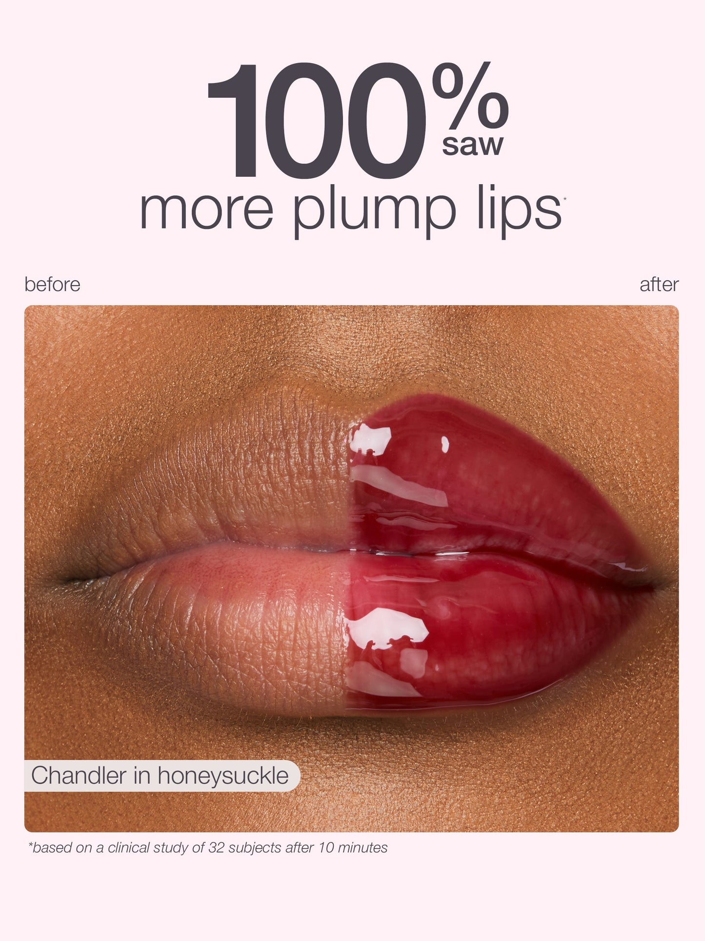 Lips appear more plump after applying Tarte Cosmetics gloss, shown in a split-screen image. Text reads 100% saw more plump lips, before, after, Chandler in honeysuckle, and study details.