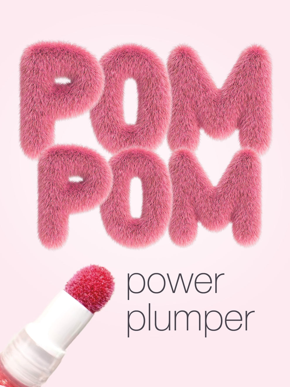 Pink pom-pom product with 'Pom Pom power plumper' text on a pink background