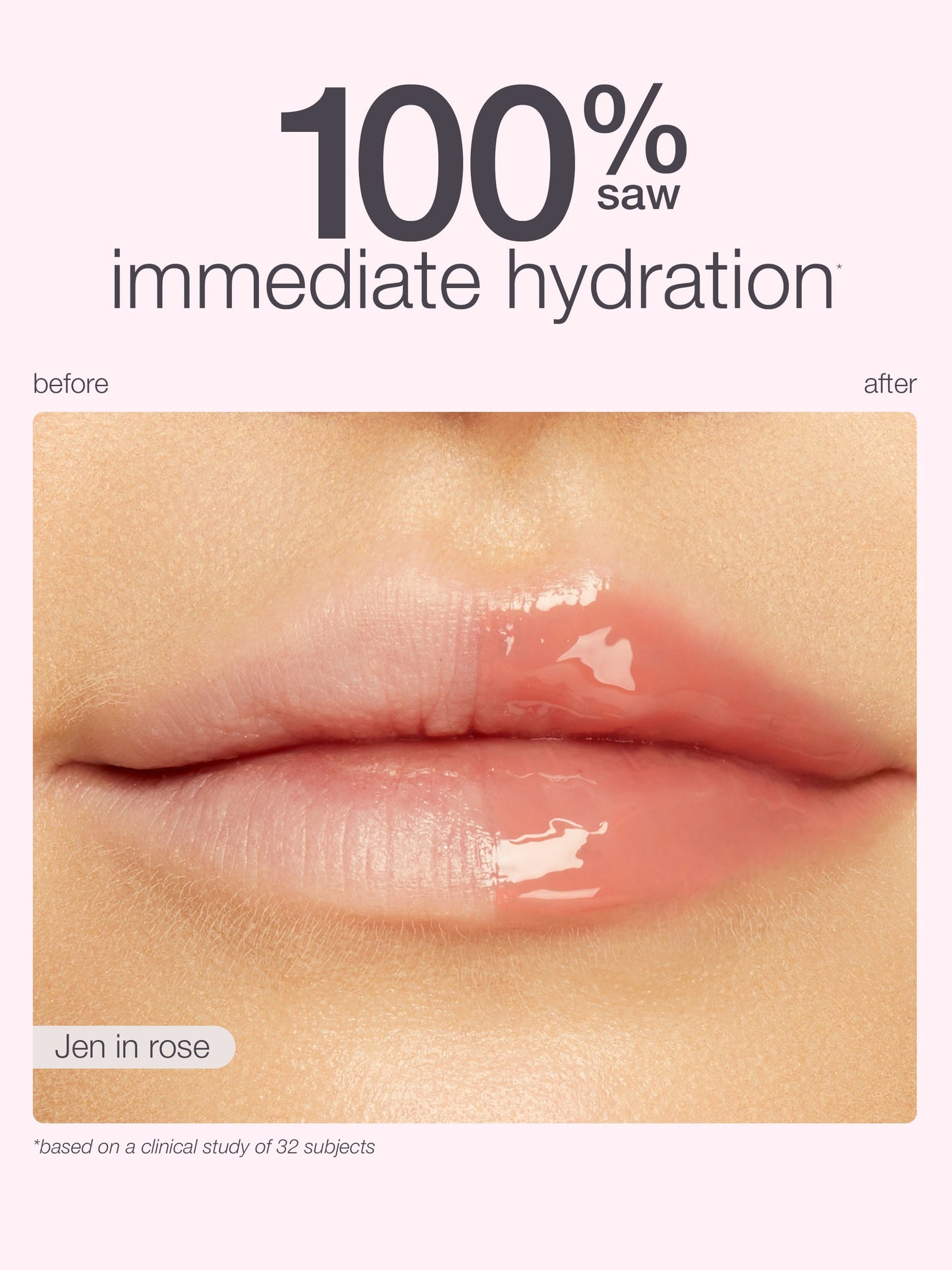 Lips shown before and after application of a product with '100% saw immediate hydration' text.