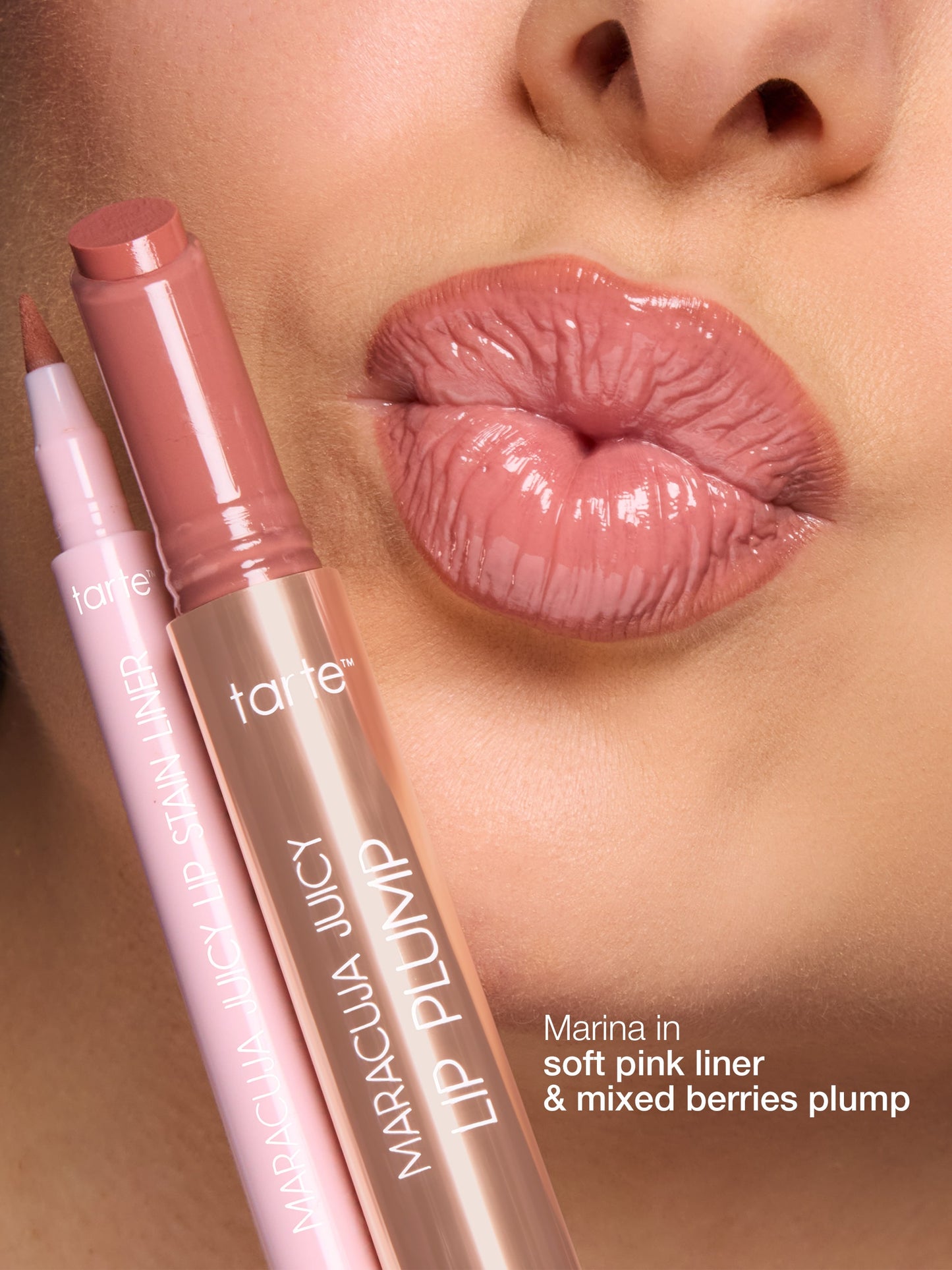 Tarte lip products with a close-up of lips wearing a pink lip color.