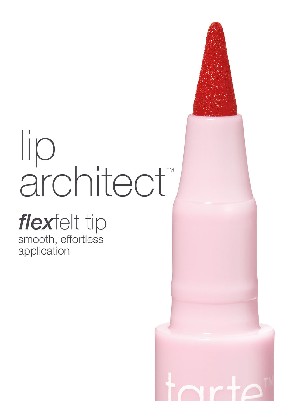 Pink lip pen with red cap labeled 'tarte' on a white background