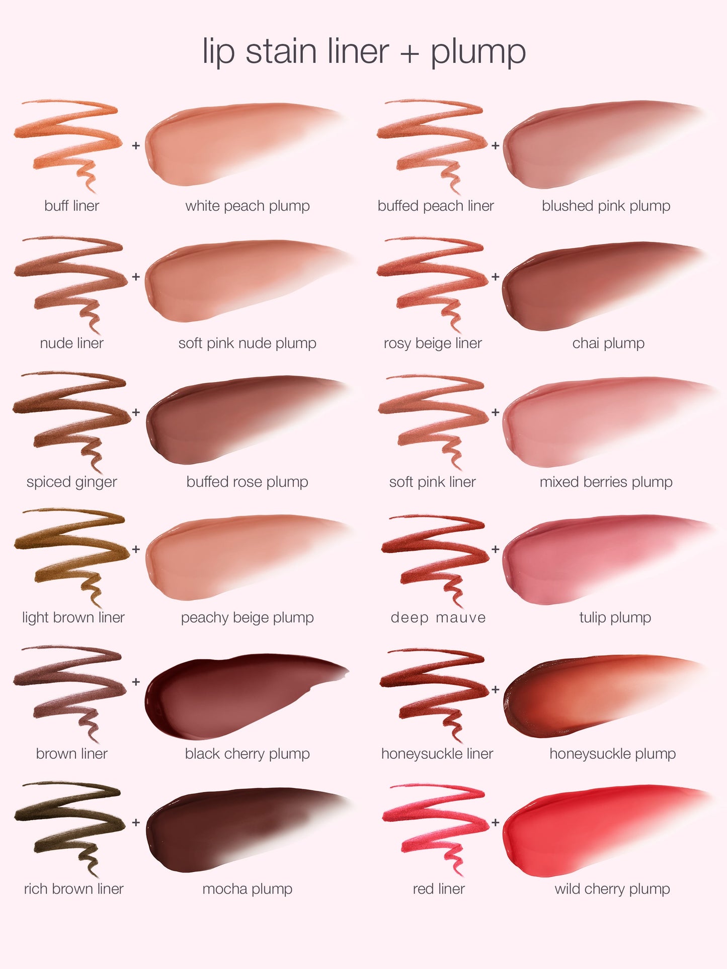 Color swatches for lip stain, liner, and plump with labels