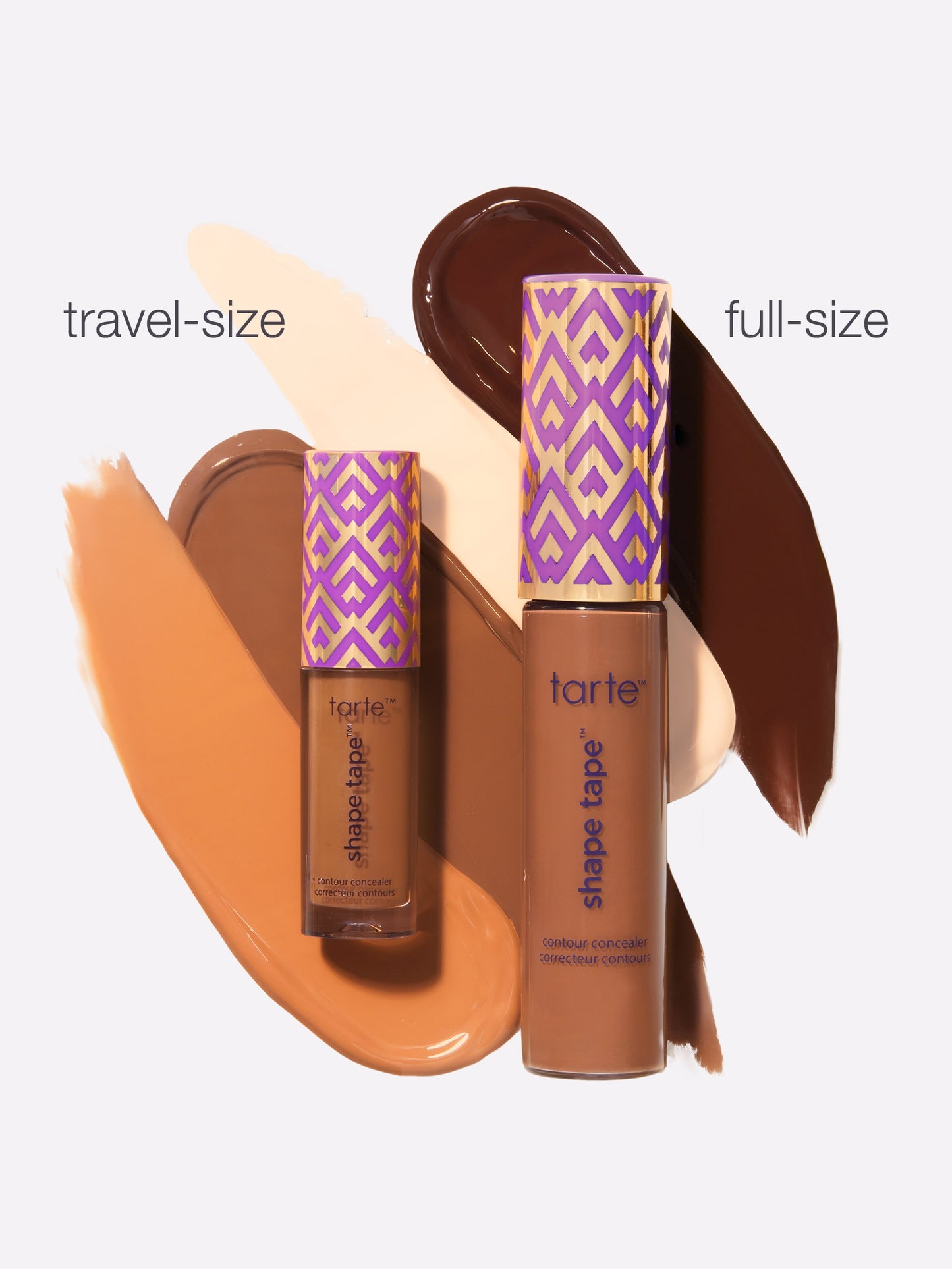 Two bottles of tarte Shape Tape product, one travel-size and one full-size, on a white background.