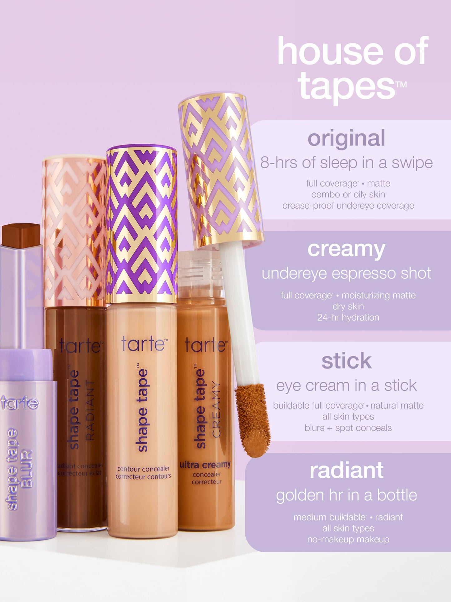 Tarte concealer products with 'shape tape' and 'creamy' labels on a purple background.