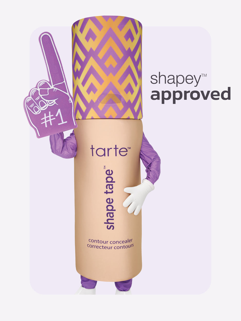 Tarte shape tape product with purple and yellow patterned top on a light purple background