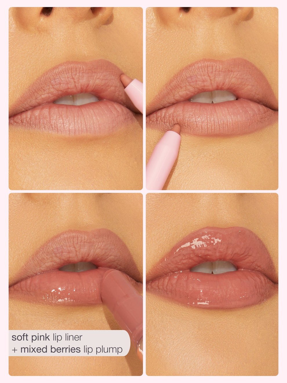 Collage of lips with soft pink lip liner and mixed berries lip plump application.
