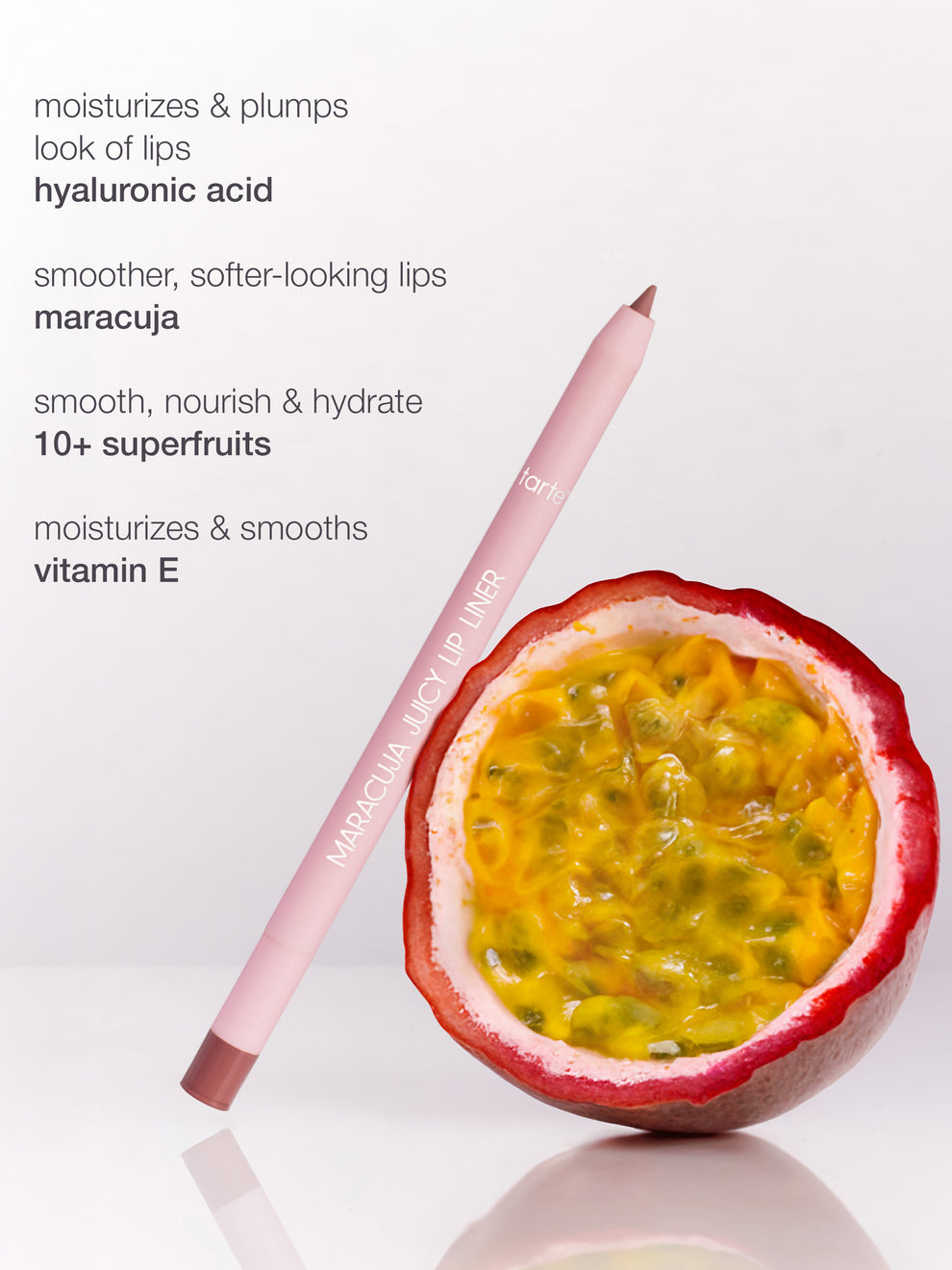 Lip pencil next to a passion fruit with product features listed on a white background