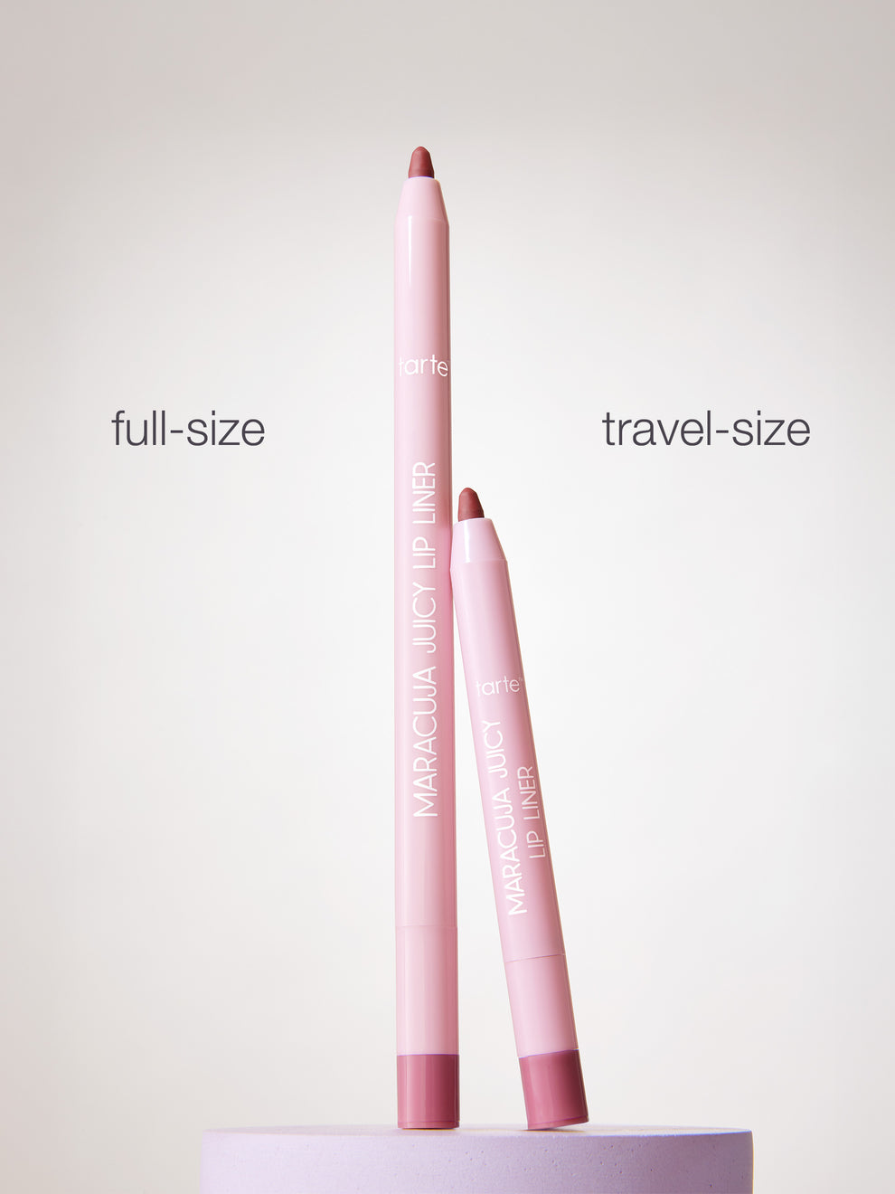 Two pink lip liners, one full-size and one travel-size, on a white background with 'Makeme' branding.