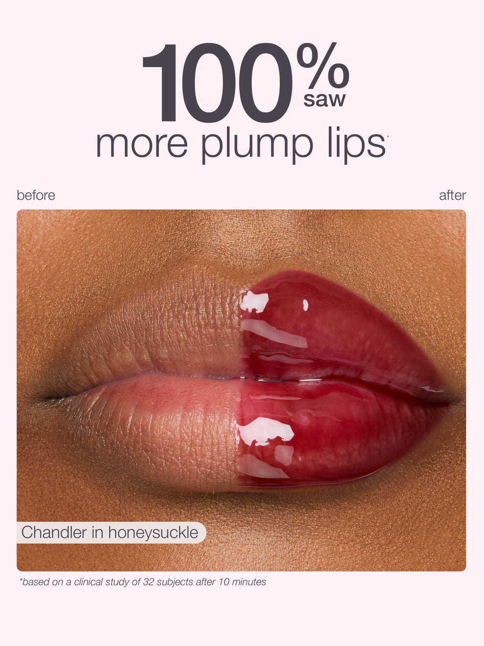Before and after comparison of plump lips with a product name and color swatch.