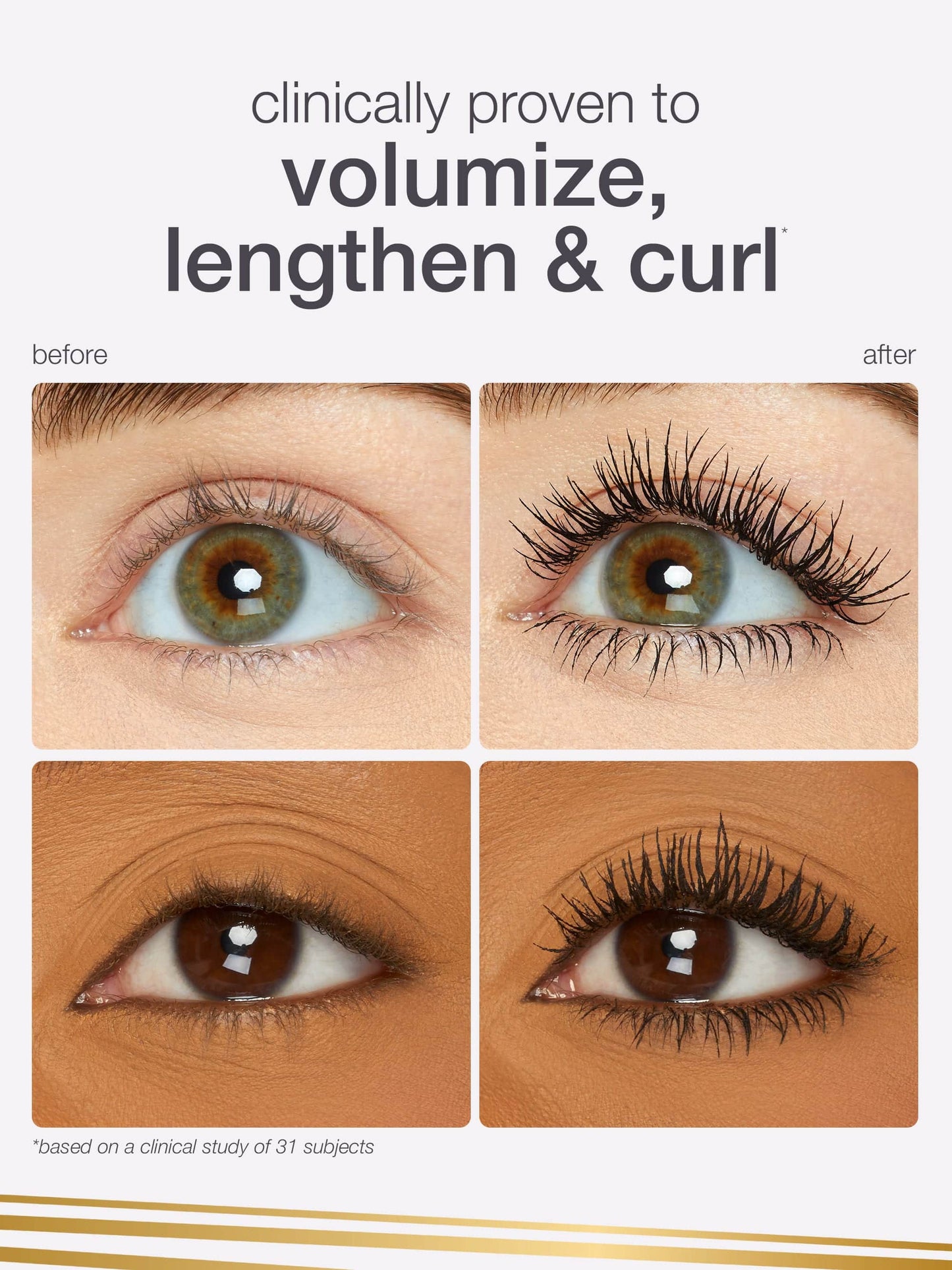 Before and after comparison of eyelashes with text indicating product effects.