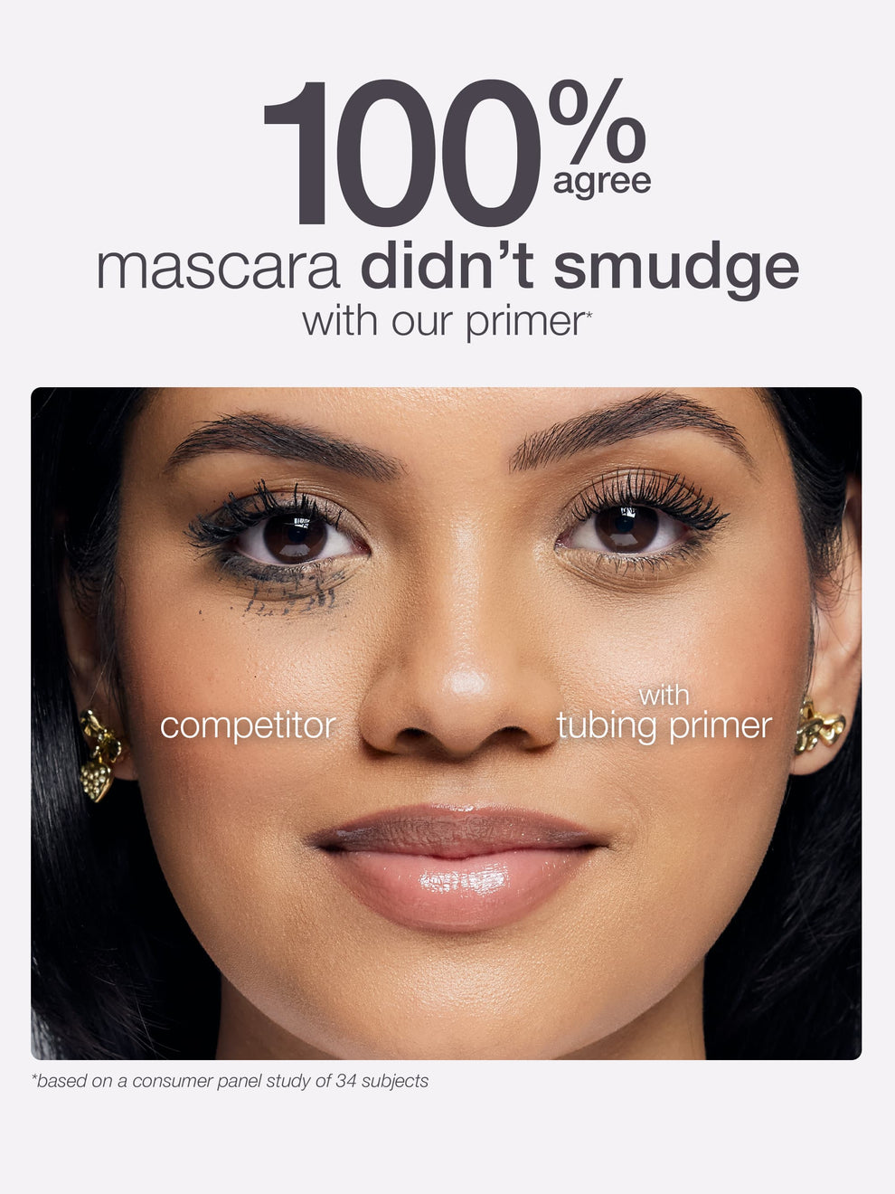 Advertisement for mascara and primer showing a close-up of a woman's face with text about product performance.