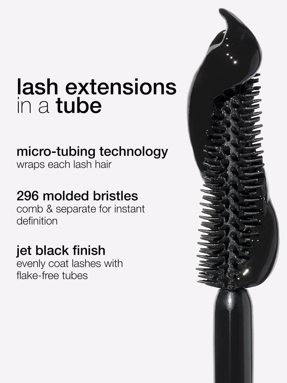 Black lash extension brush with text detailing features on a white background