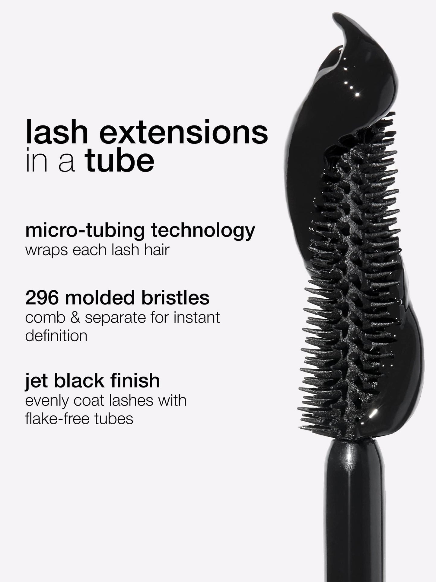 Black lash extension brush with text detailing features on a white background