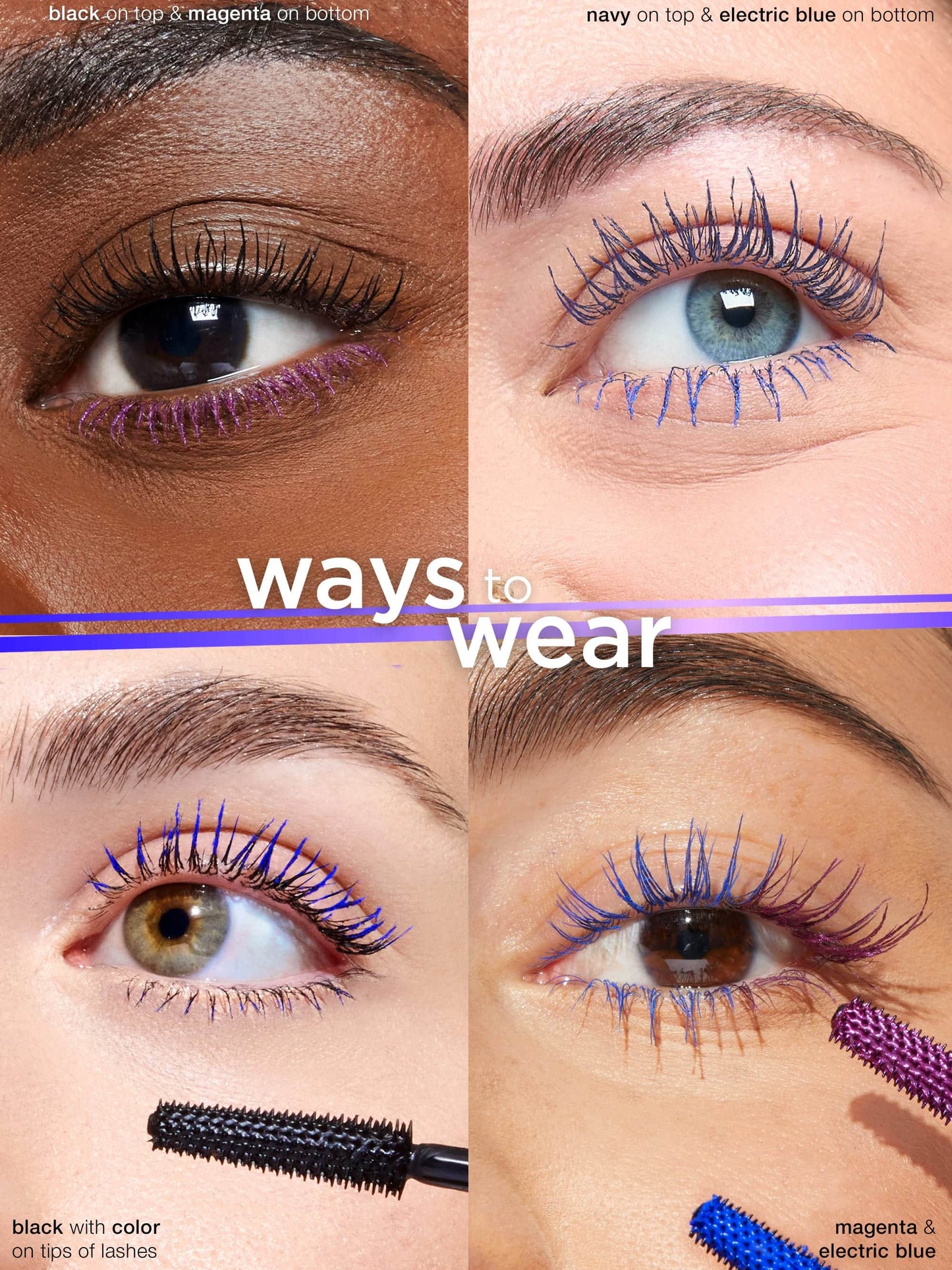 Collage of eyes with different colored eyelashes and mascara application.