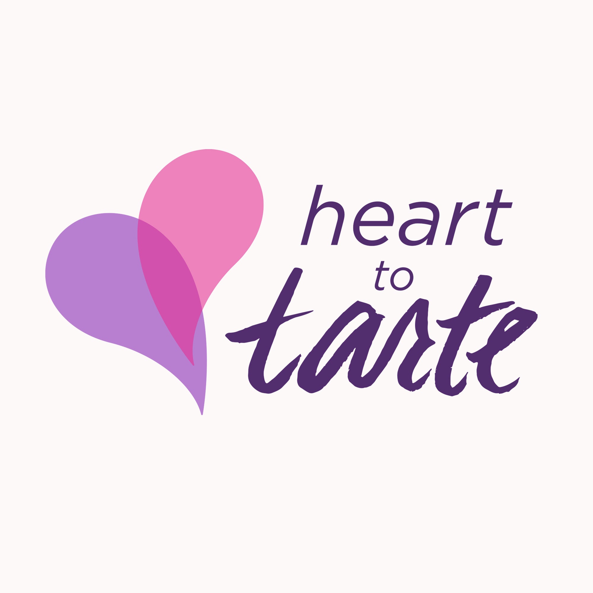 Intersecting pink and purple hearts form a logo beside stylized text reading heart to tarte, set against a plain white background.