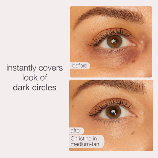 Two close-up photos of an eye show the before and after effects of Tarte Cosmetics. The top image shows dark circles; the bottom shows them covered. Text: instantly covers look of dark circles, before, after Christine in medium-tan.