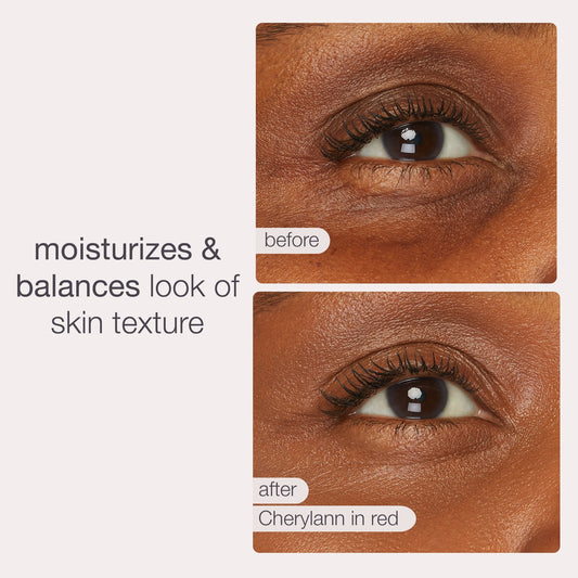 Close-up images of an eye show the effect of Tarte Cosmetics. The top before image has visible skin texture; the bottom after image shows smoother skin. Text reads: moisturizes & balances look of skin texture, before, after, Cherylann in red.
