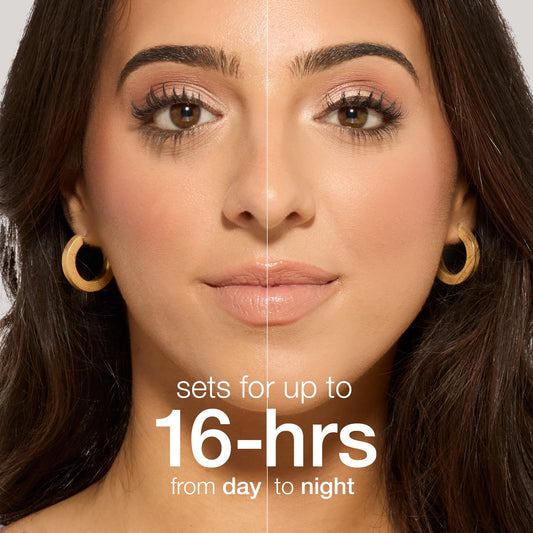 A woman's face is divided vertically, showing makeup on both sides. Text reads sets for up to 16-hrs from day to night. She wears gold hoop earrings.