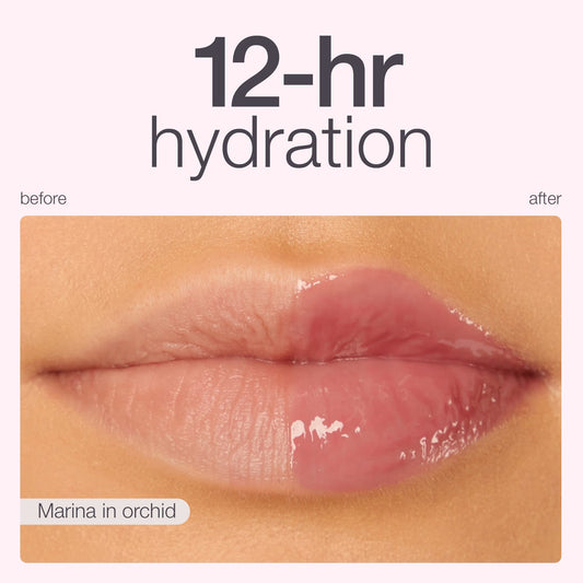 Lips juxtaposed with before and after Tarte Cosmetics application, showing increased gloss and color on the right side. Text: 12-hr hydration, Marina in orchid.