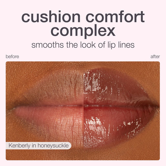 Lips display a transformation from dry to glossy, illustrating Tarte Cosmetics' cushion comfort complex. Text: smooths the look of lip lines, with labels before and after, shade Kenberly in honeysuckle.