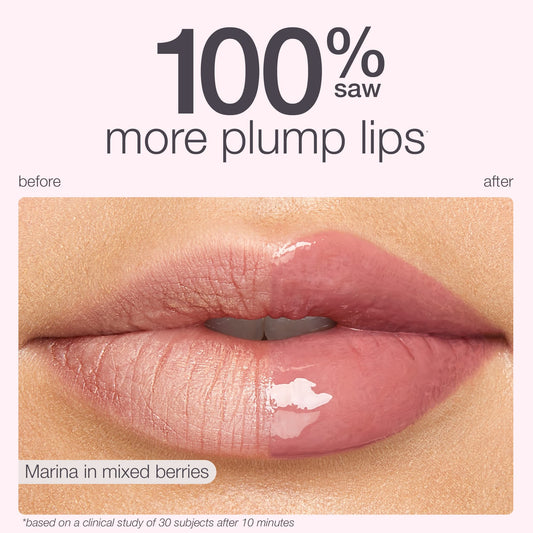 The image shows lips with glossy makeup, transitioning from less to more plump. Text above reads: 100% saw more plump lips. Below: Marina in mixed berries. Notes a clinical study.