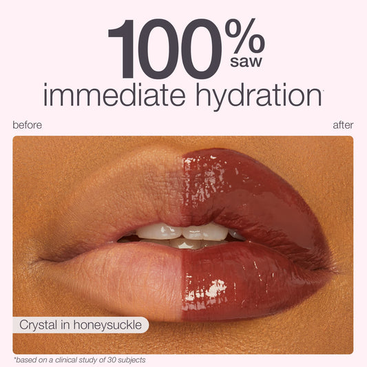 Lips demonstrate gloss application, showing hydration results. Text reads 100% saw immediate hydration, before, after, Crystal in honeysuckle, and *based on a clinical study of 30 subjects.
