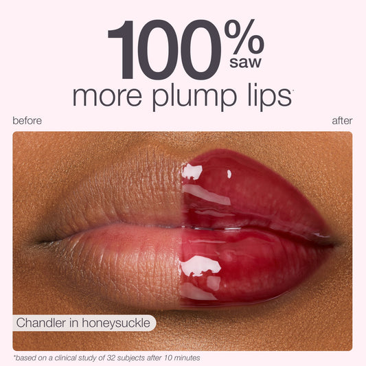 Lips, shown in a before and after setup, appear natural on the left and glossy, red, and fuller on the right. Text states, 100% saw more plump lips, Chandler in honeysuckle, based on a clinical study of 32 subjects after 10 minutes.