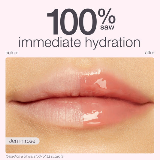 Close-up of glossy, hydrated lips with text above: 100% saw immediate hydration. Words before and after flank the image. Bottom text: Jen in rose and footnote on clinical study of 32 subjects.