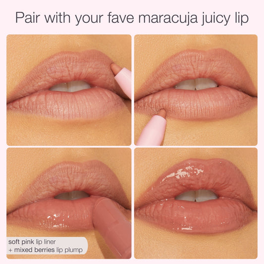 Lips are outlined with a soft pink liner, then filled with mixed berries lip plump creating a glossy finish. Text: Pair with your fave maracuja juicy lip and soft pink lip liner + mixed berries lip plump.
