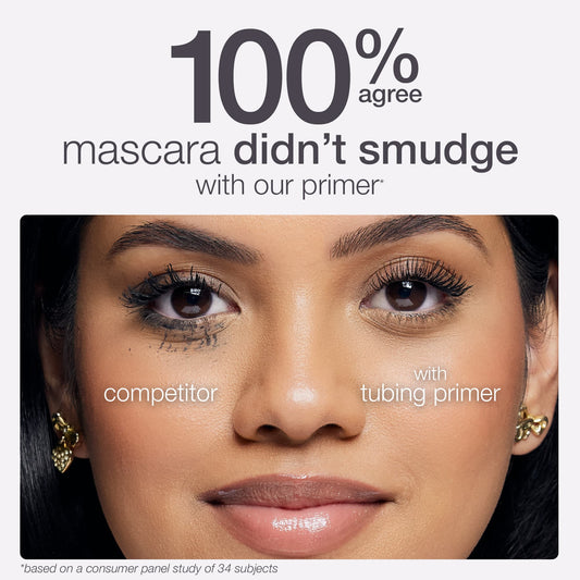 A woman's face shows eye makeup results; the left eye mascara is smudged with competitor, the right eye remains intact with tubing primer. Text: 100% agree mascara didn’t smudge with our primer. *based on a consumer panel study of 34 subjects