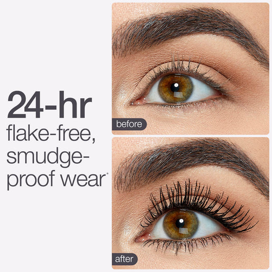 Eye comparison: The top image shows a natural eye without makeup; the bottom displays the same eye with thick, extended lashes. Text reads 24-hr flake-free, smudge-proof wear, with before and after labels.
