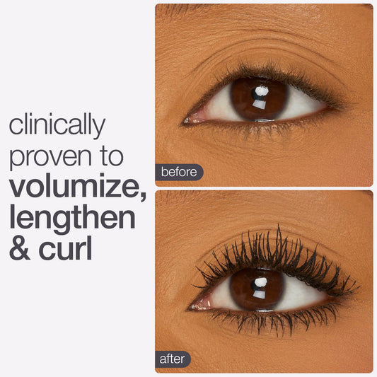 The image shows two close-up views of an eye. The top view is labeled before, with natural lashes. The bottom view is labeled after, with thicker, longer, and curled lashes. Text reads: clinically proven to volumize, lengthen & curl.