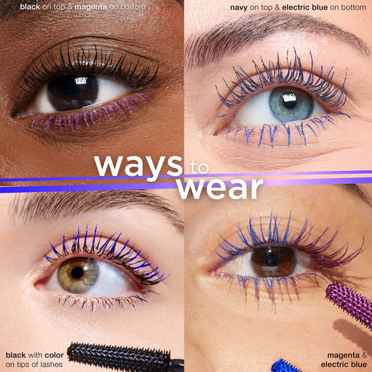 Four close-up images of eyes with colorful mascara designs: black and magenta, navy and electric blue, black with colored tips, magenta and electric blue. Text: ways to wear.