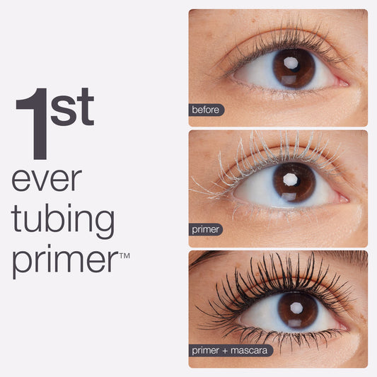 Three close-up images of an eye demonstrate mascara application stages. First, natural lashes. Second, white primer applied. Third, black mascara added. Text: 1st ever tubing primer, labels: before, primer, primer + mascara.