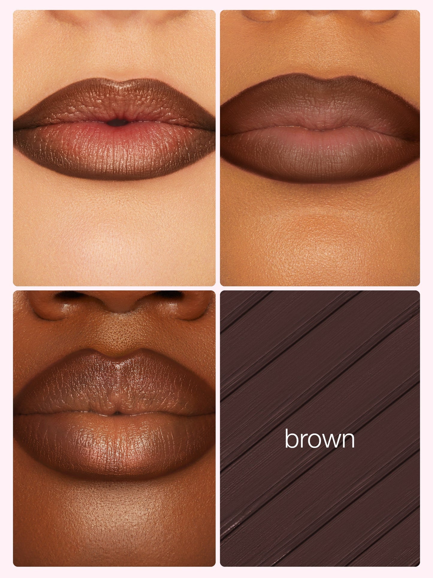 Collage of brown lipstick swatches on different skin tones with a color swatch labeled 'brown'.