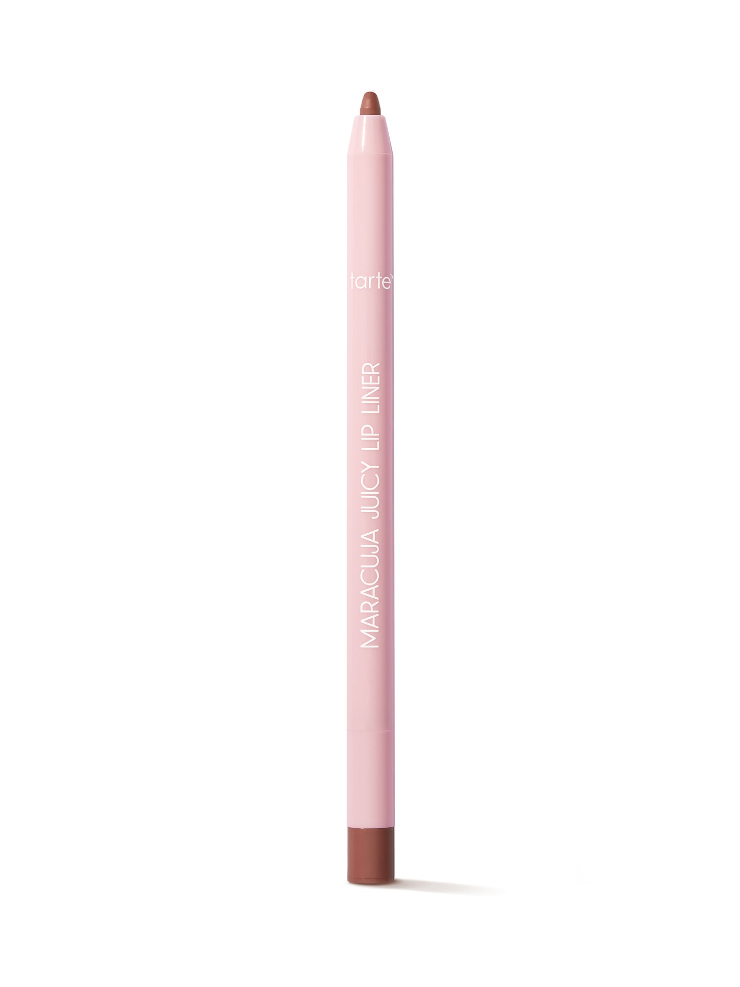 Lip liner pencil with brown tip and pink body on a white background