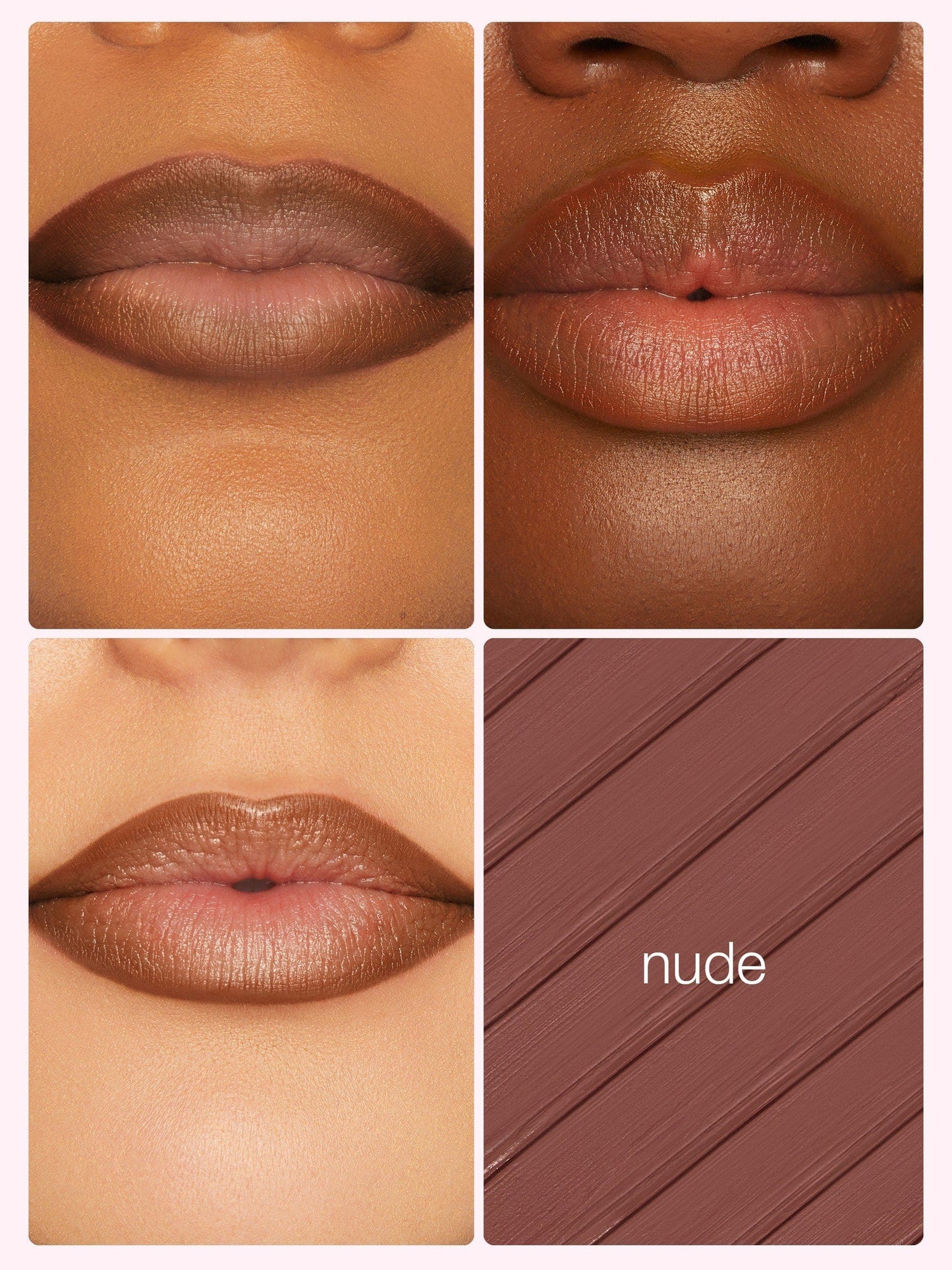 Collage of a woman's lips wearing a nude lipstick shade with a swatch below.