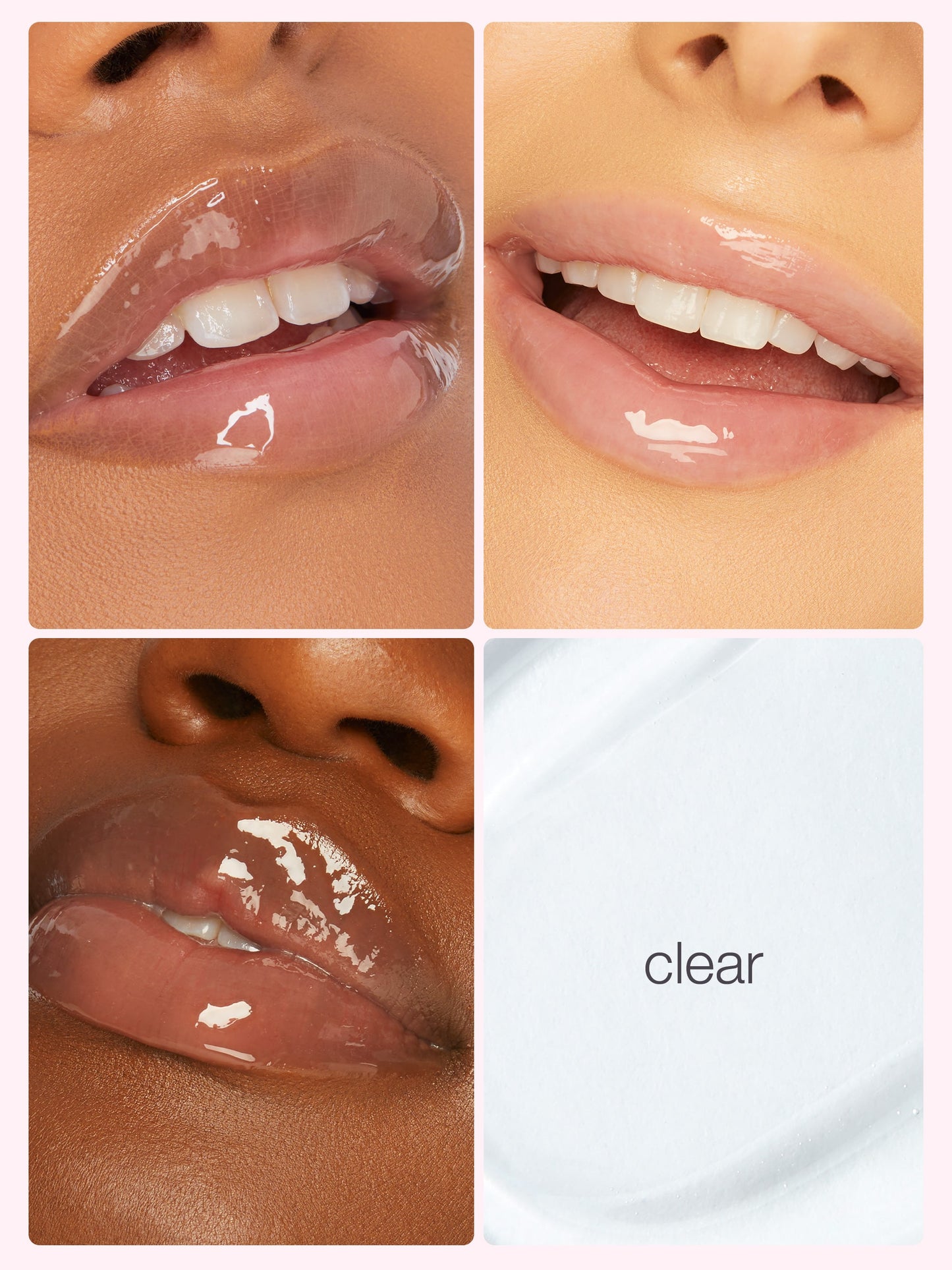 Close-up of glossy, hydrated lips in four squares, showcasing lip gloss application on diverse skin tones. The bottom right corner displays the word clear on a minimalist white background.