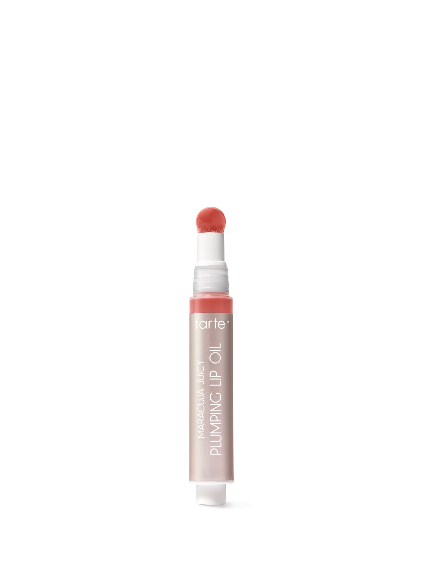 Lip oil with a white cap on a light pink background